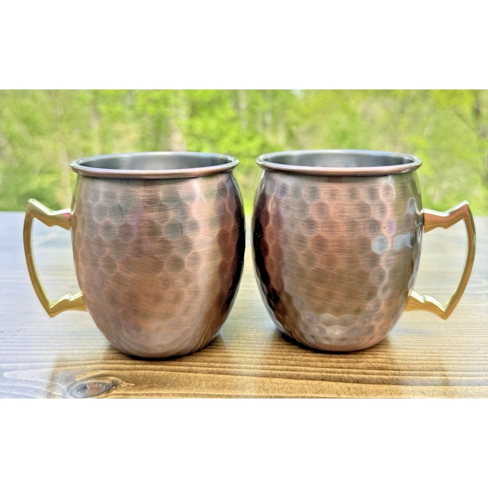 Moscow Mule Mugs Set of 2 Copper 16 Oz Hammered Stainless Steel Gold Handle Cups